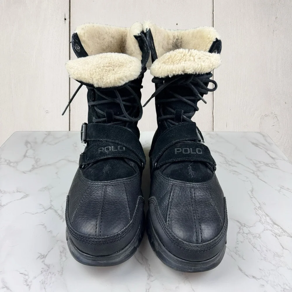 Polo Ralph Lauren Tavin Rollover Shearling Boots 11 D Black Suede Leather Pony
